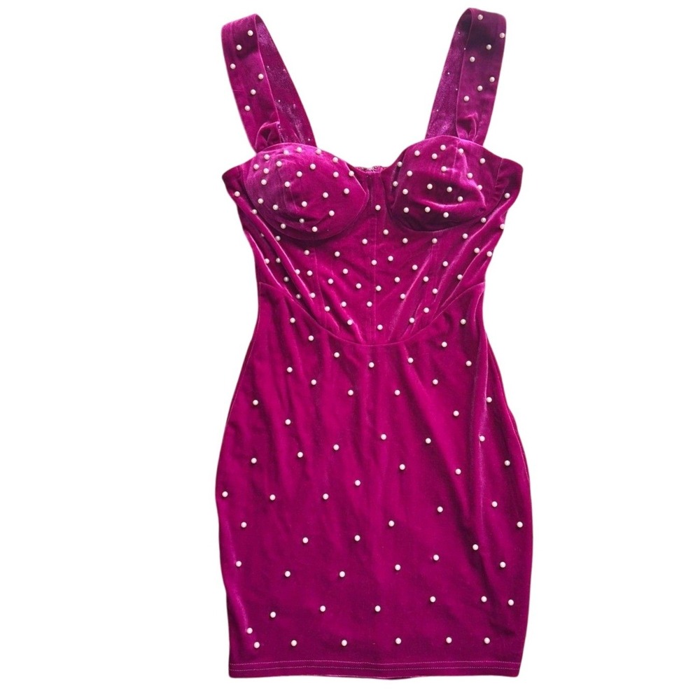 Privy‎ Magenta Velvet Pearl Embellished Corset Bodycon Mini Dress Small
